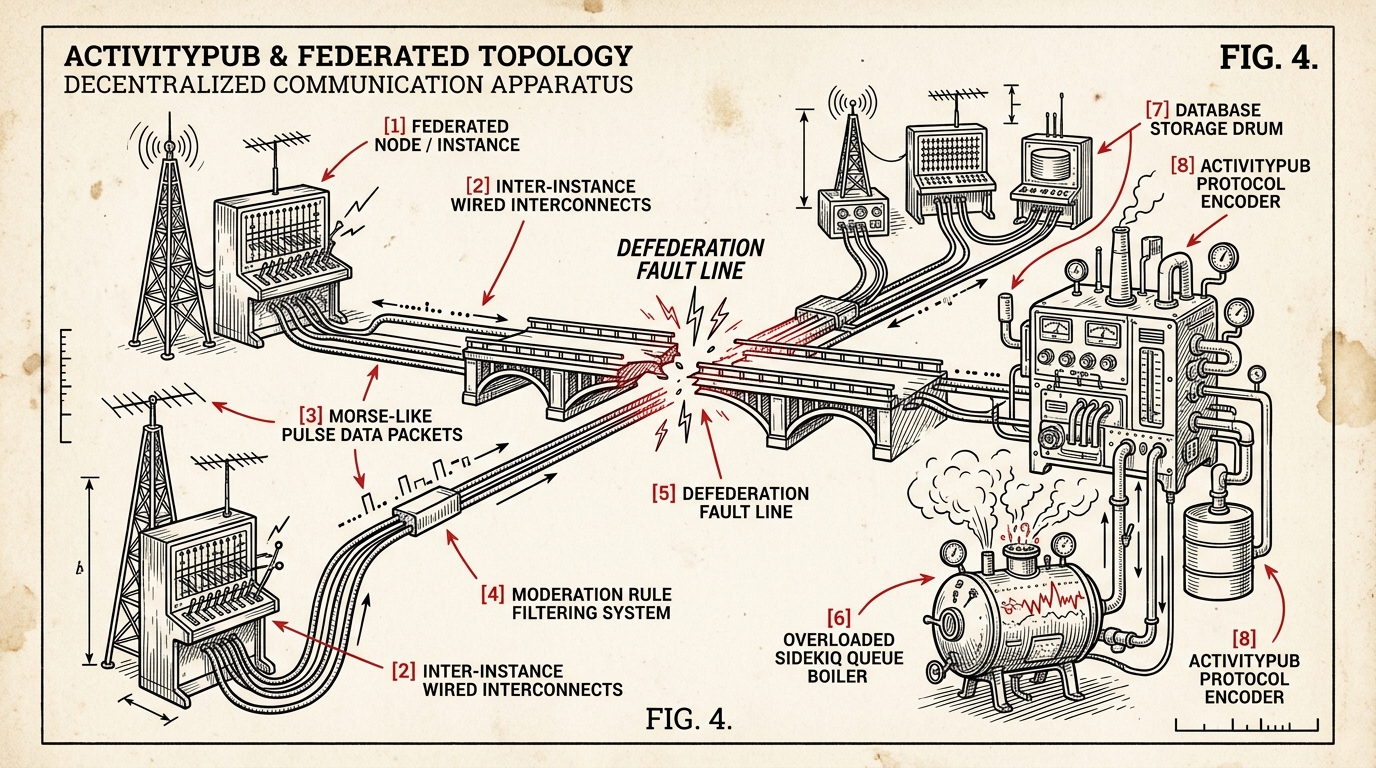 Patent schematic illustrating ActivityPub and Federated Network Topology, showing relay switchboards, an overloaded Sidekiq queue boiler, and a severed defederation bridge