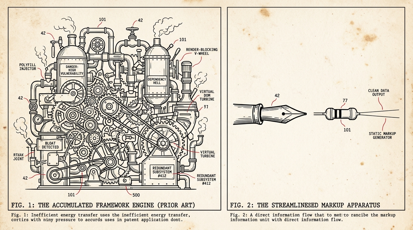 Patent schematic comparing the accumulated framework engine against the streamlined markup apparatus