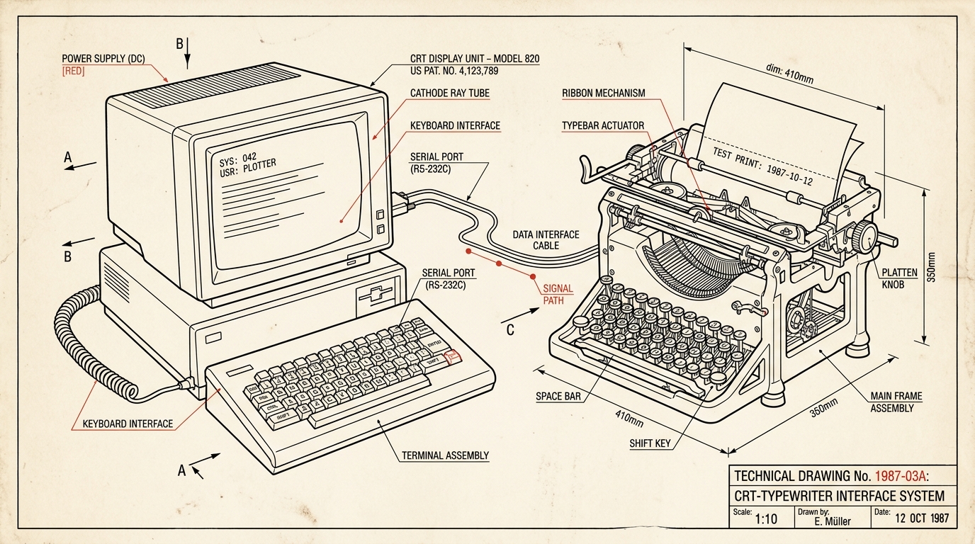 Technical drawing of CRT terminal connected to a mechanical typewriter via RS-232 serial cable
