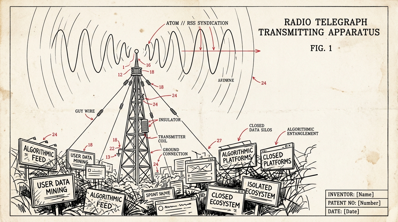 Patent schematic of a radio telegraph tower broadcasting clean RSS waves over a chaotic swamp of algorithmic feeds